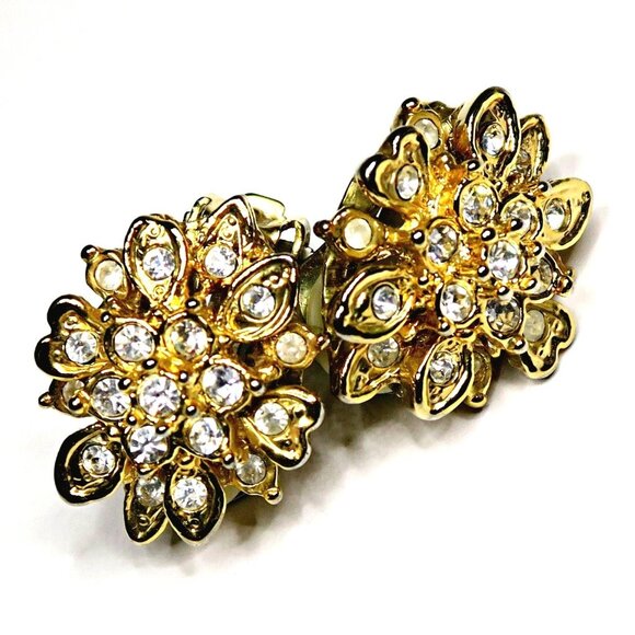 1960s-70s Gold-Tone Floral Rhinestone Clip-On Earrings Statement Jewelry - Picture 3 of 6